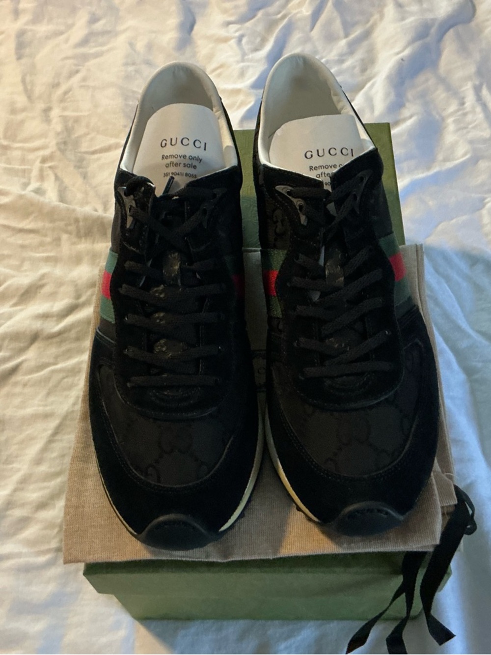 Gucci Black Suede & GG Canvas Sneakers with Green-Red Web